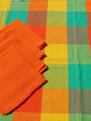 New Items / Cotton Tablecloth with napkins Plaid Yellow Green Orange 47'' Square (4 people) / The beautiful color combinations of this hand woven cotton tablecloth will give the perfect touch to your table setting.